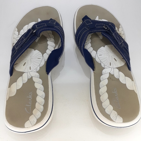Clark Navy Leather Flip Flops Cushion Soles Sz11 - Picture 5 of 9